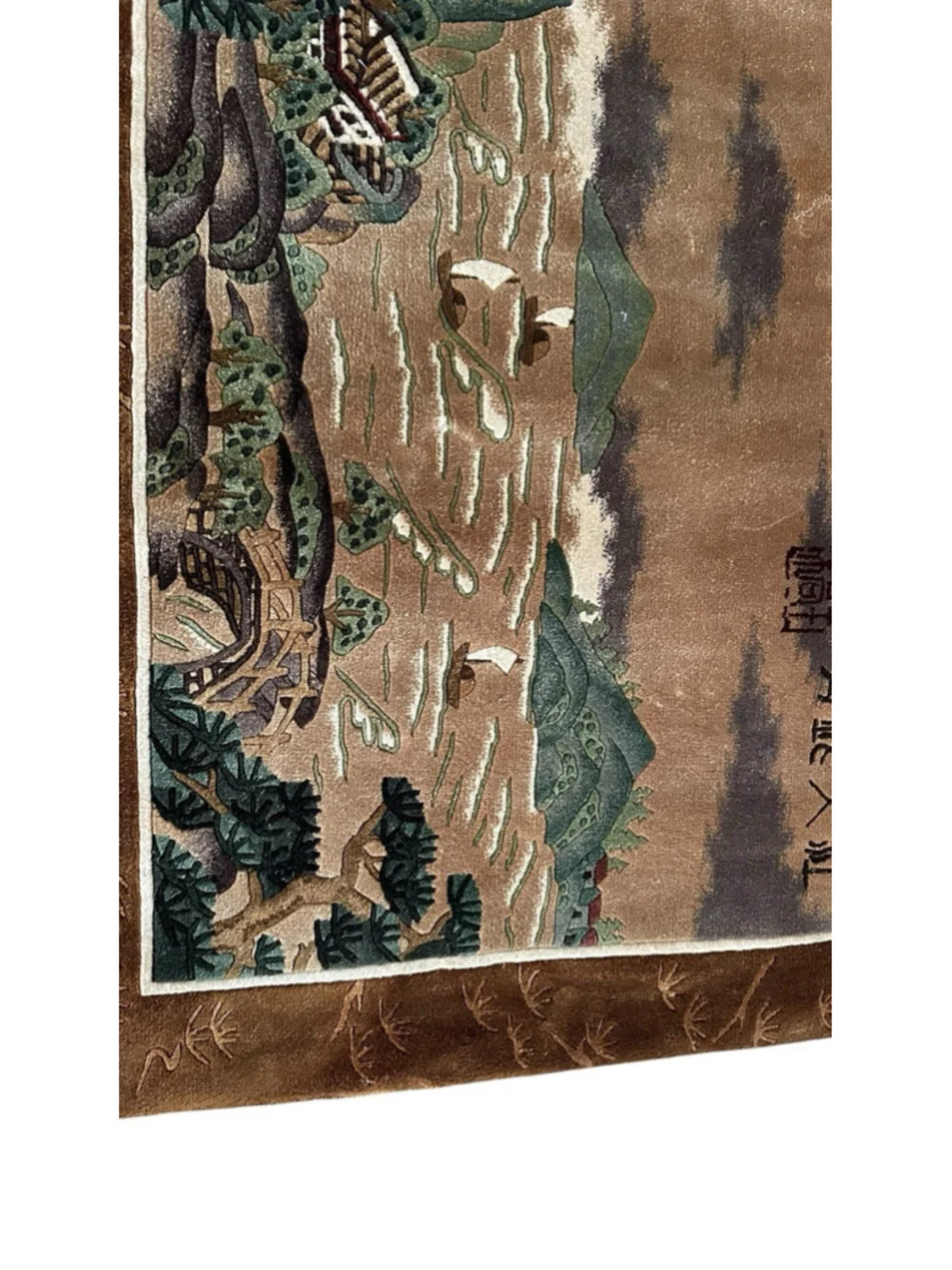 Vintage Chinese Silk Landscape Rug Tapestry Pagoda Sailboat